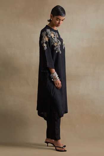 One Not Two_Black Silk, Cotton Mandarin Collar, Yes Floral Embroidered Kurta And Pant Set _Online_at_Aza_Fashions