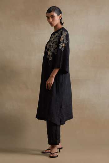 Buy_One Not Two_Black Silk, Cotton Mandarin Collar, Yes Floral Embroidered Kurta And Pant Set _Online_at_Aza_Fashions