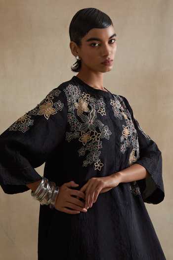Shop_One Not Two_Black Silk, Cotton Mandarin Collar, Yes Floral Embroidered Kurta And Pant Set _Online_at_Aza_Fashions