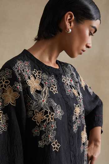 One Not Two_Black Silk, Cotton Mandarin Collar, Yes Floral Embroidered Kurta And Pant Set _at_Aza_Fashions