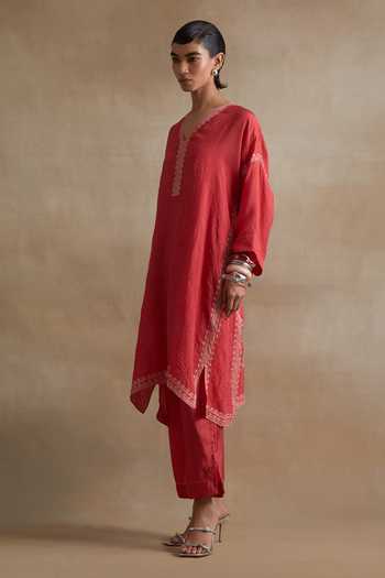 One Not Two_Red Silk, Cotton V-neck Kaftan And Pant Set _Online_at_Aza_Fashions