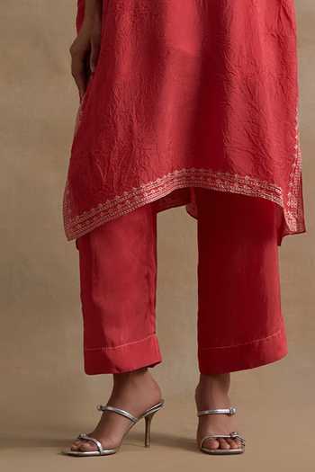 Buy_One Not Two_Red Silk, Cotton V-neck Kaftan And Pant Set _Online_at_Aza_Fashions