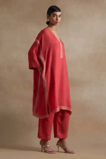 Shop_One Not Two_Red Silk, Cotton V-neck Kaftan And Pant Set _Online_at_Aza_Fashions