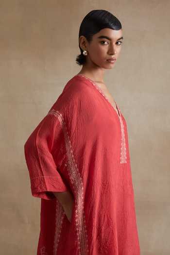 One Not Two_Red Silk, Cotton V-neck Kaftan And Pant Set _at_Aza_Fashions