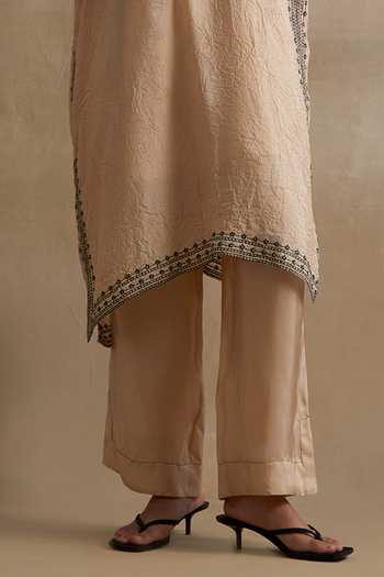 One Not Two_Cream Silk, Cotton V-neck, Yes Embroidered Kurta And Pant Set _Online_at_Aza_Fashions