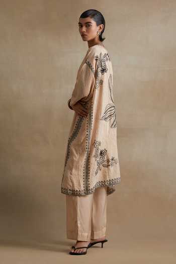 Buy_One Not Two_Cream Silk, Cotton V-neck, Yes Embroidered Kurta And Pant Set _Online_at_Aza_Fashions