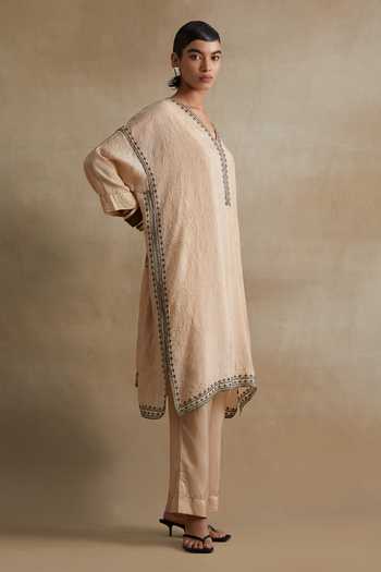 Shop_One Not Two_Cream Silk, Cotton V-neck, Yes Embroidered Kurta And Pant Set _Online_at_Aza_Fashions