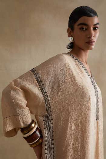 One Not Two_Cream Silk, Cotton V-neck, Yes Embroidered Kurta And Pant Set _at_Aza_Fashions