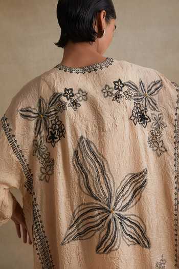 Buy_One Not Two_Cream Silk, Cotton V-neck, Yes Embroidered Kurta And Pant Set 