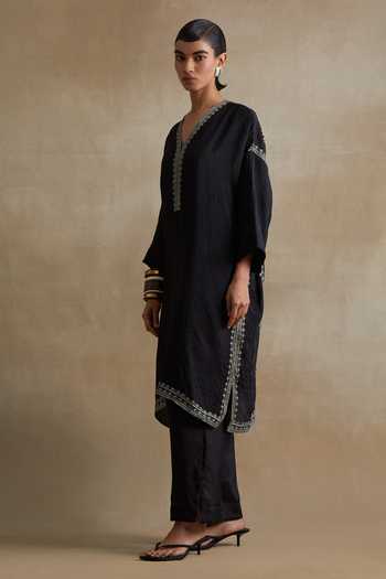 One Not Two_Black Silk, Cotton V-neck Kaftan And Pant Set _Online_at_Aza_Fashions