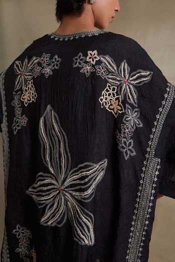 Buy_One Not Two_Black Silk, Cotton V-neck Kaftan And Pant Set _Online_at_Aza_Fashions