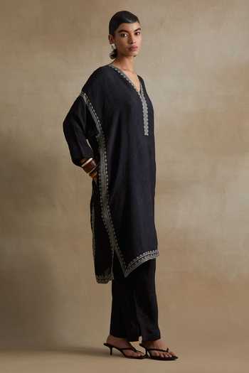 Shop_One Not Two_Black Silk, Cotton V-neck Kaftan And Pant Set _Online_at_Aza_Fashions