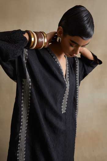 One Not Two_Black Silk, Cotton V-neck Kaftan And Pant Set _at_Aza_Fashions