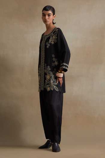 Buy_One Not Two_Black Silk, Cotton Scoop Neck, Yes Embroidered Kurta And Salwar Set _Online_at_Aza_Fashions