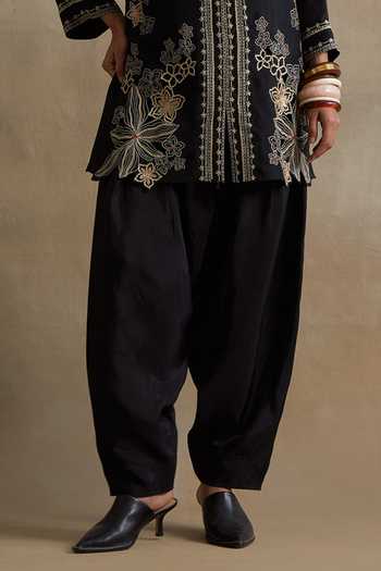 Shop_One Not Two_Black Silk, Cotton Scoop Neck, Yes Embroidered Kurta And Salwar Set _Online_at_Aza_Fashions