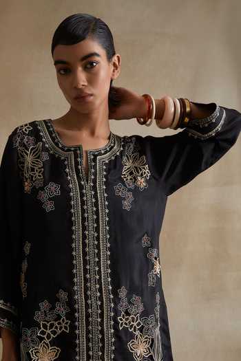 One Not Two_Black Silk, Cotton Scoop Neck, Yes Embroidered Kurta And Salwar Set _at_Aza_Fashions