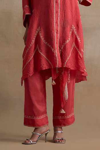 One Not Two_Red Silk Mandarin Collar Thread Embroidered Kurta And Pant Set _Online_at_Aza_Fashions