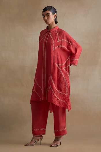 Buy_One Not Two_Red Silk Mandarin Collar Thread Embroidered Kurta And Pant Set _Online_at_Aza_Fashions