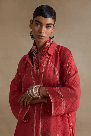 Shop_One Not Two_Red Silk Mandarin Collar Thread Embroidered Kurta And Pant Set _Online_at_Aza_Fashions