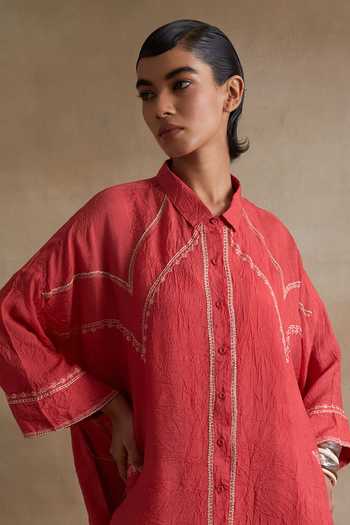 One Not Two_Red Silk Mandarin Collar Thread Embroidered Kurta And Pant Set _at_Aza_Fashions