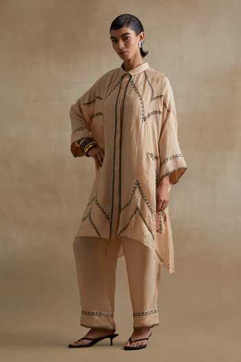 One Not Two_Cream Silk Mandarin Collar, Yes Thread Embroidered Kurta And Pant Set _Online_at_Aza_Fashions