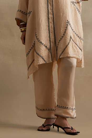 Buy_One Not Two_Cream Silk Mandarin Collar, Yes Thread Embroidered Kurta And Pant Set _Online_at_Aza_Fashions