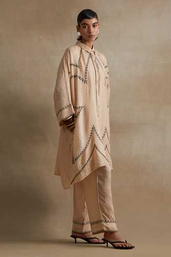 Shop_One Not Two_Cream Silk Mandarin Collar, Yes Thread Embroidered Kurta And Pant Set _Online_at_Aza_Fashions