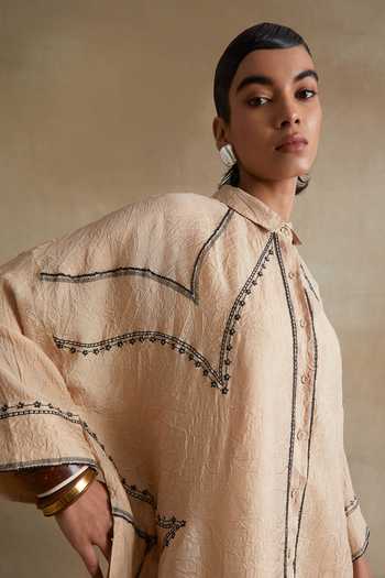 One Not Two_Cream Silk Mandarin Collar, Yes Thread Embroidered Kurta And Pant Set _at_Aza_Fashions