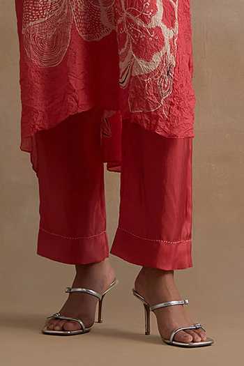 One Not Two_Red Silk, Cotton V-neck Printed Kurta And Pant Set _Online_at_Aza_Fashions