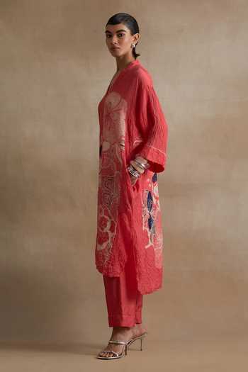 Buy_One Not Two_Red Silk, Cotton V-neck Printed Kurta And Pant Set _Online_at_Aza_Fashions