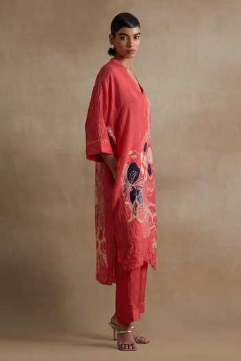 Shop_One Not Two_Red Silk, Cotton V-neck Printed Kurta And Pant Set _Online_at_Aza_Fashions