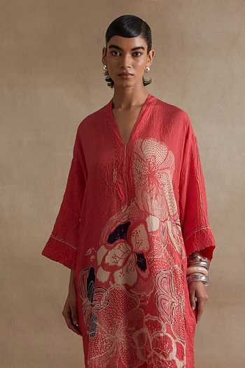 One Not Two_Red Silk, Cotton V-neck Printed Kurta And Pant Set _at_Aza_Fashions