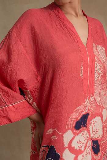 Buy_One Not Two_Red Silk, Cotton V-neck Printed Kurta And Pant Set 
