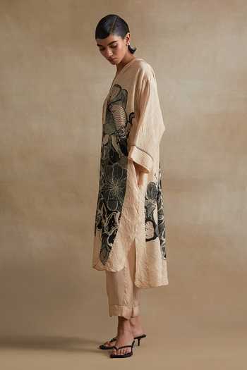 Buy_One Not Two_Cream Silk, Cotton V-neck Printed Kurta And Pant Set _Online_at_Aza_Fashions