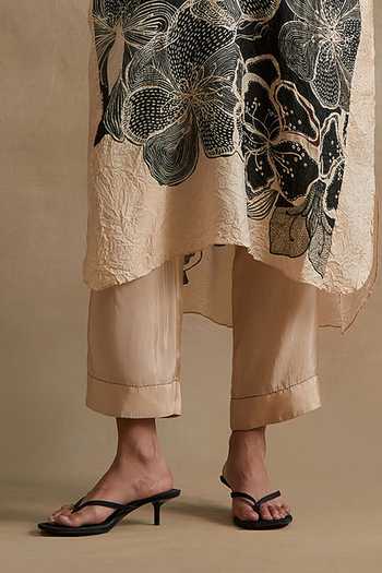 Shop_One Not Two_Cream Silk, Cotton V-neck Printed Kurta And Pant Set _Online_at_Aza_Fashions