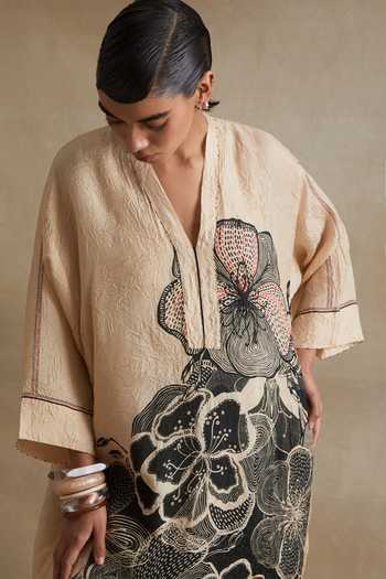 One Not Two_Cream Silk, Cotton V-neck Printed Kurta And Pant Set _at_Aza_Fashions