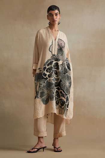 One Not Two Printed Silk Kurta & Pant Set 