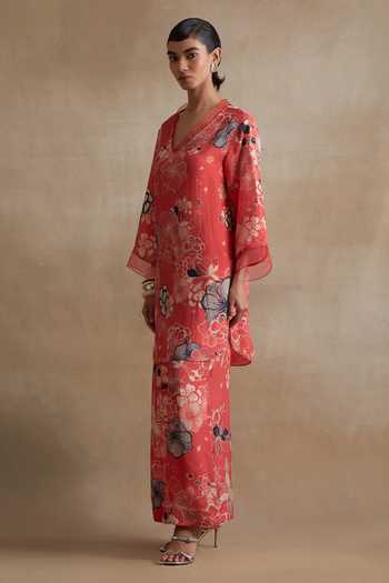 One Not Two_Red Silk, Cotton V-neck, Yes Printed Kurta And Pant Set _Online_at_Aza_Fashions