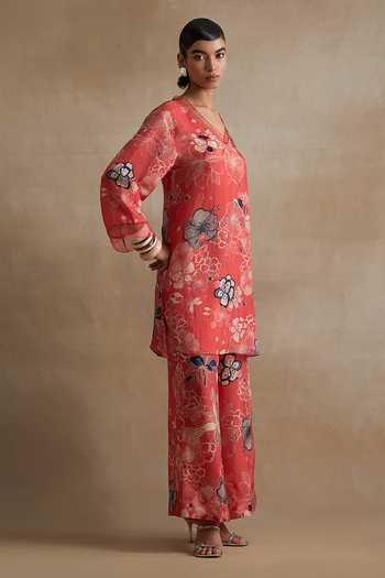 Buy_One Not Two_Red Silk, Cotton V-neck, Yes Printed Kurta And Pant Set _Online_at_Aza_Fashions