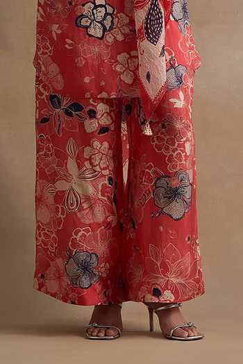 Shop_One Not Two_Red Silk, Cotton V-neck, Yes Printed Kurta And Pant Set _Online_at_Aza_Fashions