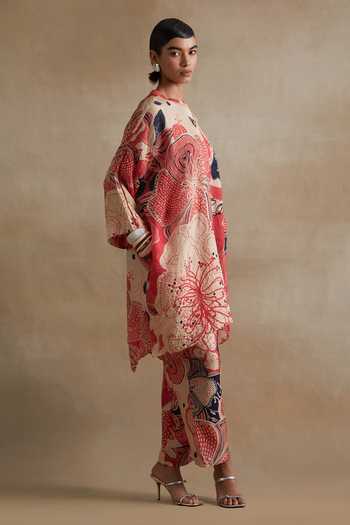 One Not Two_Multi Color Silk, Cotton Mandarin Collar Printed Kurta And Pant Set _Online_at_Aza_Fashions