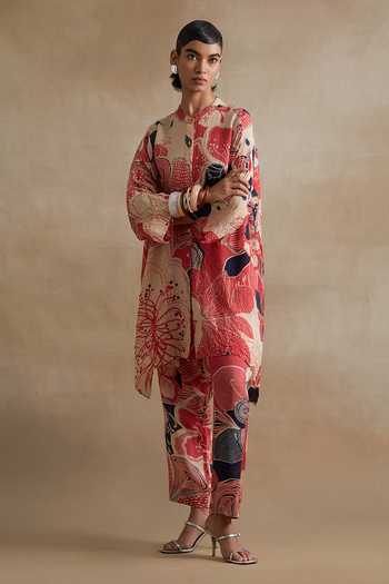 Buy_One Not Two_Multi Color Silk, Cotton Mandarin Collar Printed Kurta And Pant Set _Online_at_Aza_Fashions