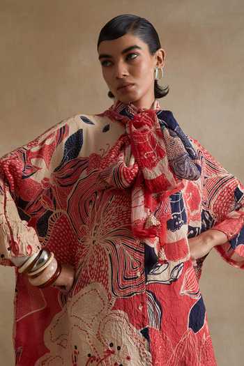 One Not Two_Multi Color Silk, Cotton Mandarin Collar Printed Kurta And Pant Set _at_Aza_Fashions