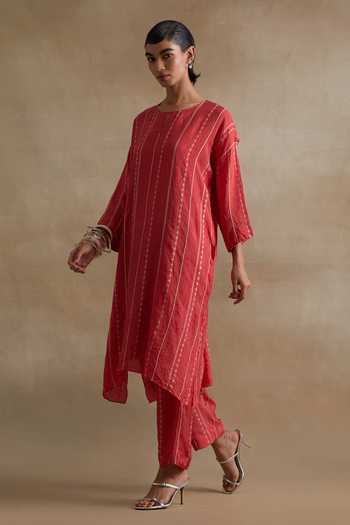 One Not Two_Red Silk Round Neck, Yes Hand Embroidered Kurta And Pant Set _Online_at_Aza_Fashions