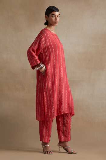 Buy_One Not Two_Red Silk Round Neck, Yes Hand Embroidered Kurta And Pant Set _Online_at_Aza_Fashions