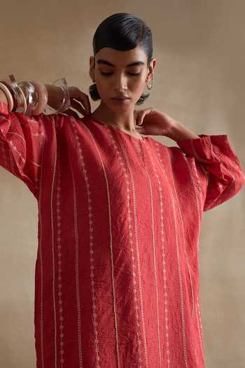 Shop_One Not Two_Red Silk Round Neck, Yes Hand Embroidered Kurta And Pant Set _Online_at_Aza_Fashions
