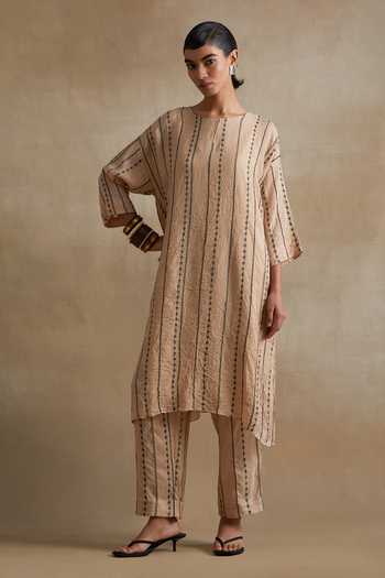 Buy_One Not Two_Cream Silk Round Neck, Yes Embroidered Kurta And Pant Set _Online_at_Aza_Fashions