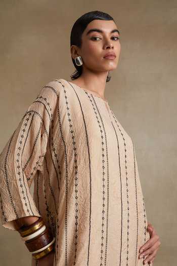 Shop_One Not Two_Cream Silk Round Neck, Yes Embroidered Kurta And Pant Set _Online_at_Aza_Fashions