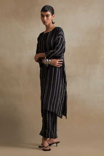 Buy_One Not Two_Black Silk Round Neck, Yes Kurta And Pant Set _Online_at_Aza_Fashions