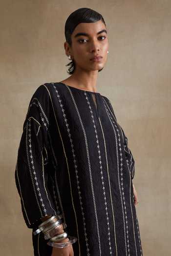 One Not Two_Black Silk Round Neck, Yes Kurta And Pant Set _at_Aza_Fashions